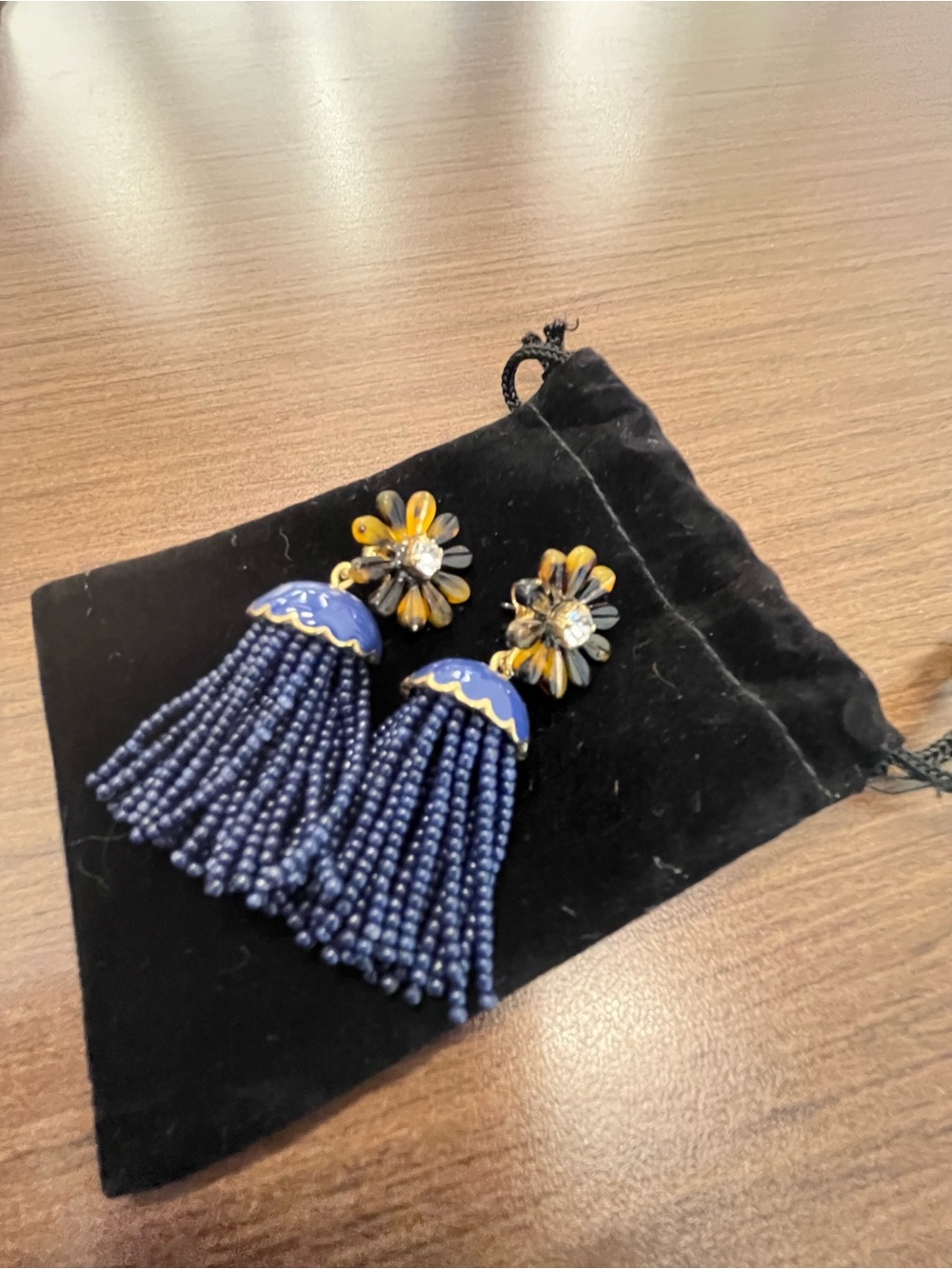 J. Crew Navy Beaded Tassel Earrings with Tortoise and Rhinestone Flower Detail.